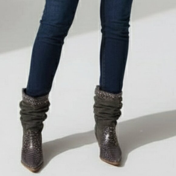 Studded Snakeskin & Suede Mid-Calf Boots - Picture 1 of 13